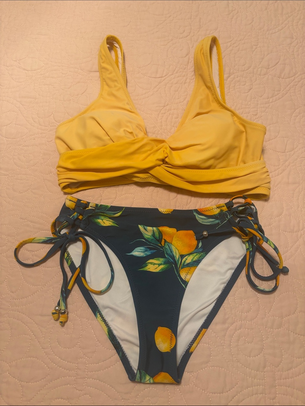 Yellow Twist-Front Bikini Top with Navy Lemon Print Bottoms